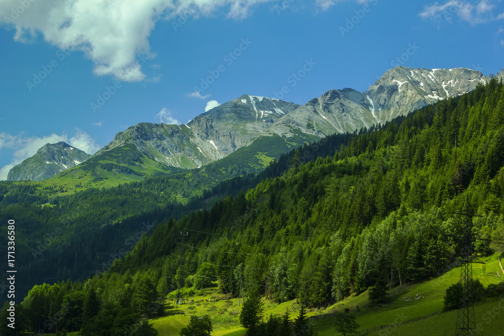 background landscape view of the snowy peaks of the Alps and the Coniferous forest In the Tyrol, austria