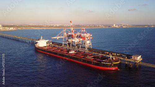 Large bulk carrier ship docking - Unloading coal ship by cranes on the power station dock