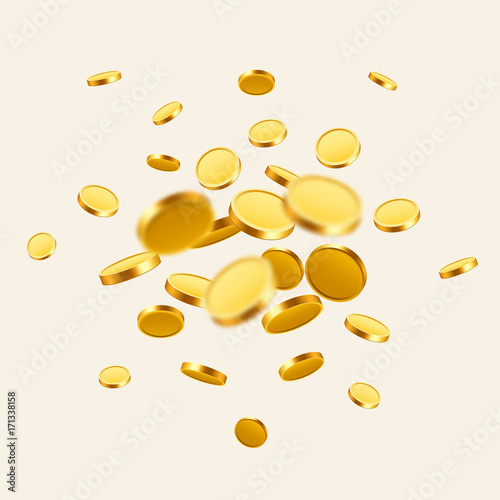 Falling coins, falling money, flying gold coins, golden rain. Jackpot or success concept. Modern background.