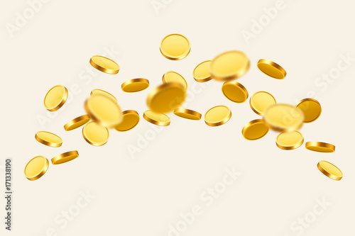 Falling coins, falling money, flying gold coins, golden rain. Jackpot or success concept. Modern background.