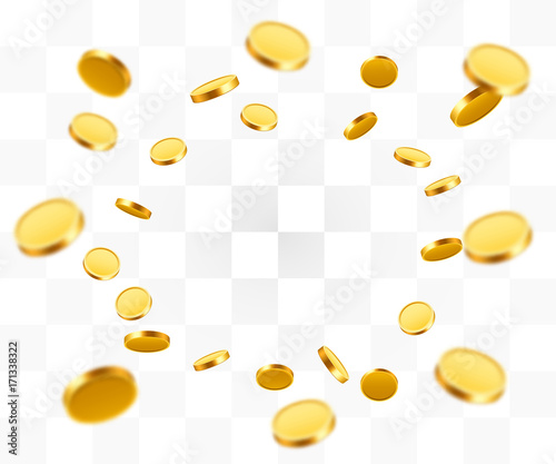 Realistic Gold Coins explosion. Isolated on transparent background.