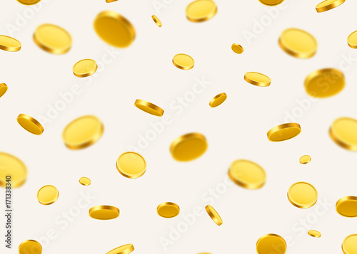 Falling coins, falling money, flying gold coins, golden rain. Jackpot or success concept.