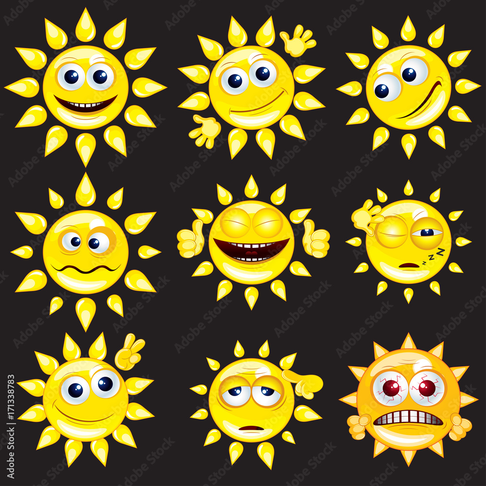 Cartoon Sun Smiley. Set Vector