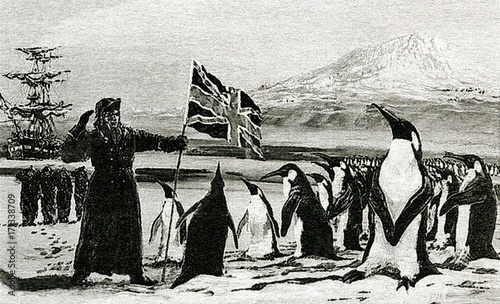 James Clark Ross (1800–1862), british polar explorer, plants the Union Jack into the Antarctic ice in 1840 in the name of Queen Victoria and the British Empire, by Graham Coton photo