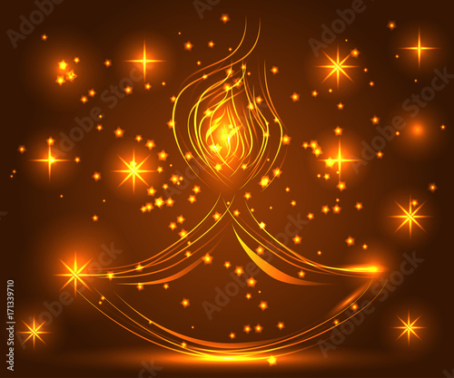 Happy Diwali. Light background. Lamp, oil lamp with a burning fire on a warm brown background