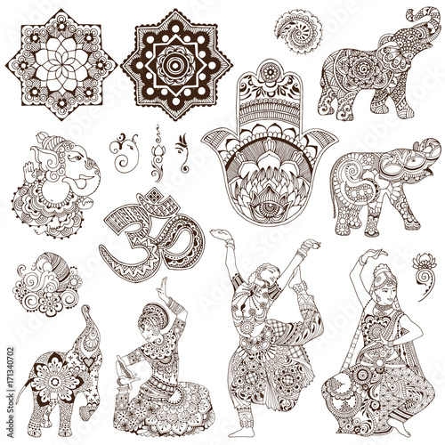 Elephant, dancers, ganesh, hamsa, ohm in the mehendi style. Set of ornate elements for design.