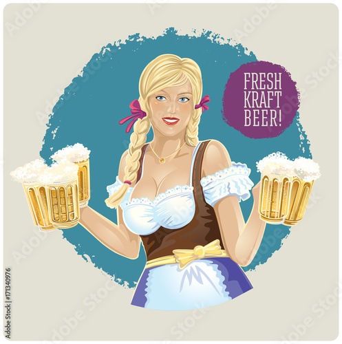 Waitress girl with beer in hands.