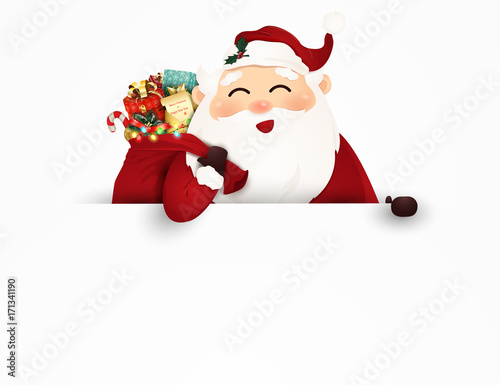 Merry Santa Claus with gift bag full of gift boxes and present, candy cane and sign. vector illustration.