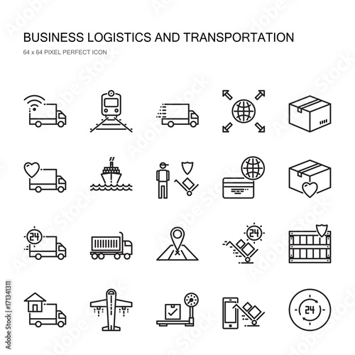 Business logistics and Transportation pixel perfect icon set. Delivery by truck train ship and plane include box, wooden box container and other icons.