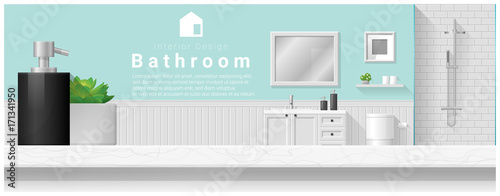 Interior design with table top and Modern bathroom background , vector , illustration