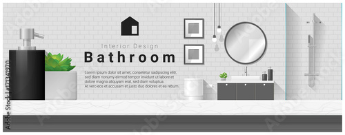 Interior design with table top and Modern bathroom background , vector , illustration