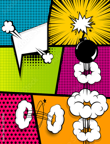 Vertical pop art comics book magazine cover template. Cartoon funny vintage strip comic superhero text, speech bubble, balloon, box message, burst bomb. Vector halftone illustration. Blank graphic.