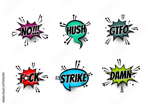 Lettering aggressive fuck, damn, no, hush, GTFO. Set comics book balloon. Bubble icon speech phrase. Cartoon exclusive font label tag expression. Comic text sound effects. Sounds vector illustration.
