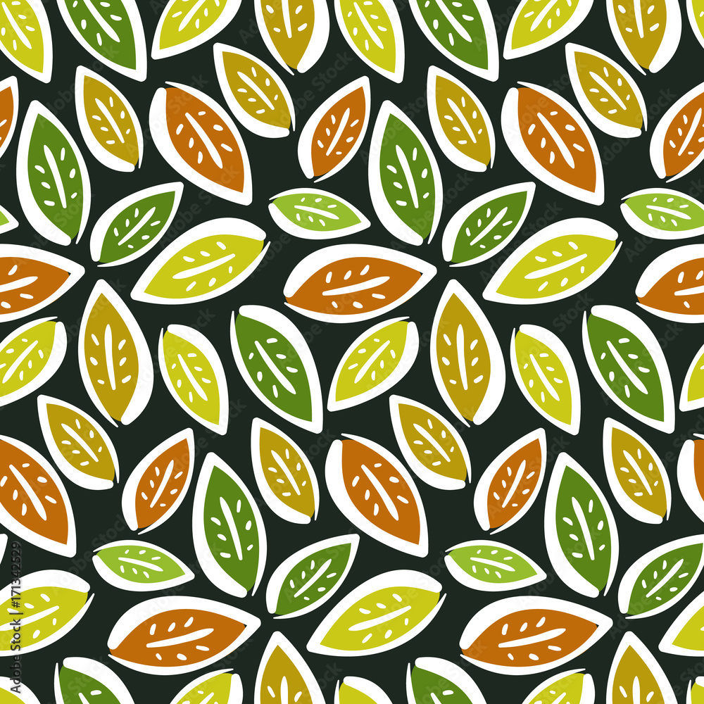 Autumn seamless pattern with hand drawn contrast leaves on dark background. Cute kids texture for textile, wrapping paper, surface, cover, web design Autumn seamless pattern with hand drawn contrast leaves on dark background. Cute kids texture for textile, wrapping paper, surface, cover, web design