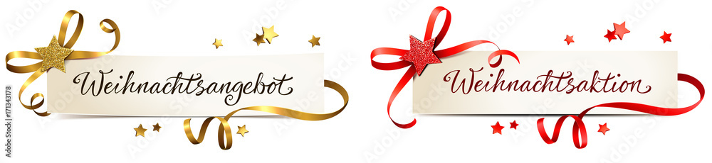 Weihnachtsangebot, Weihnachtsaktion - Banner Set mit Schleife und Glitter Stern, Rot/Gold