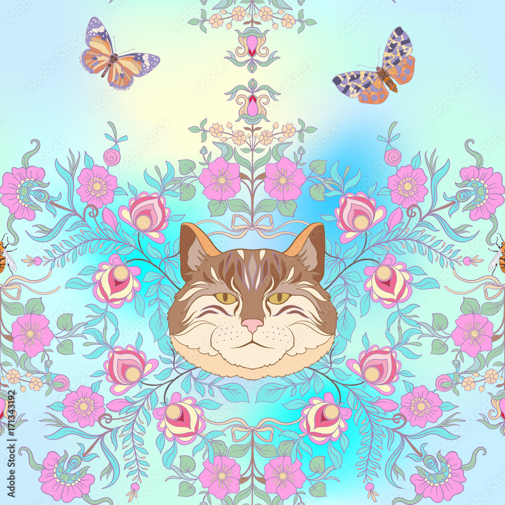 Seamless pattern, background with vintage style flowers and animals on pink, blue, vanilla background. Stock line vector illustration.

