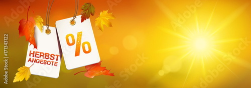 Herbstangebot - Hängende Etiketten mit Herbstblätter und sonniger Bokeh Herbst Kulisse 