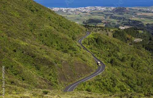 Agua de Pau Massif. Scenic road on the Portuguese island of Sao Miguel, Azores Islands, Portugal.