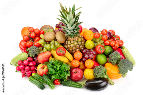 Collection of bright fresh fruits and vegetables isolated on a white background.