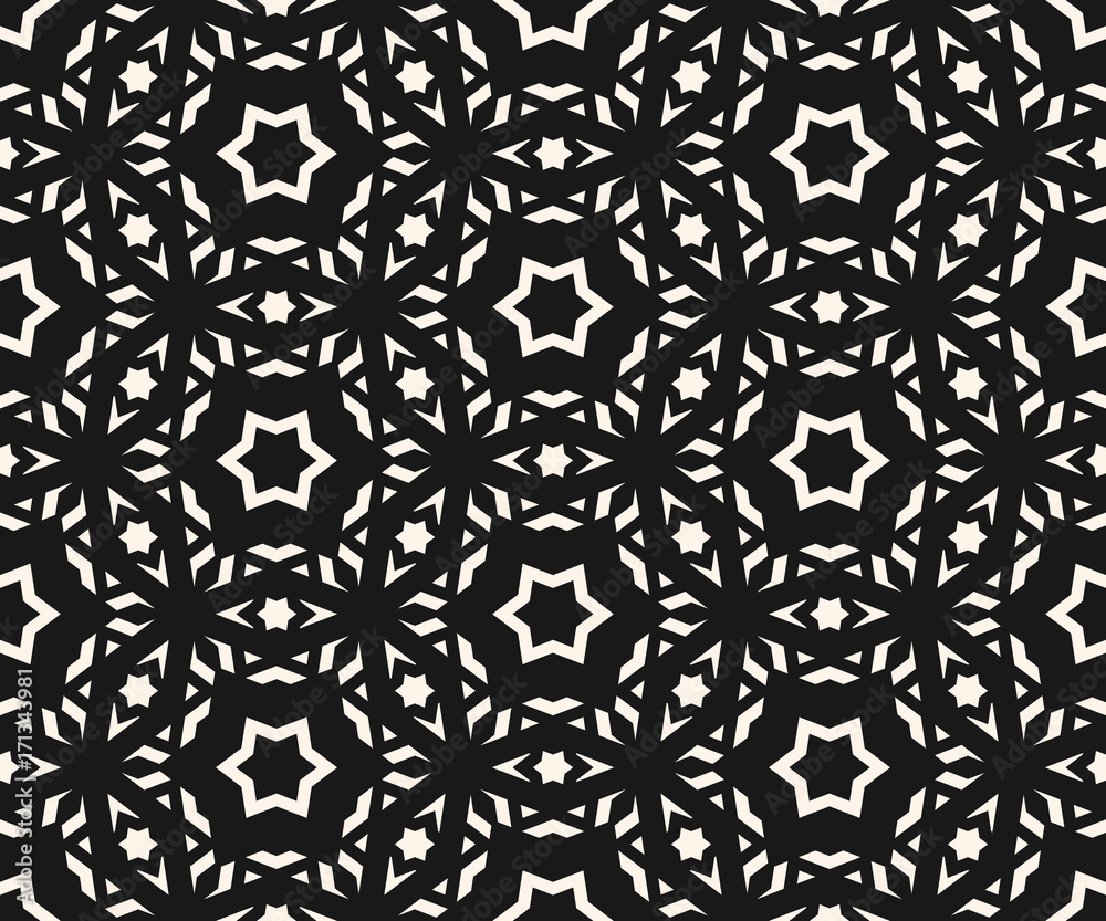 Delicate vector seamless pattern. Elegant ornament texture with linear geometric shapes, stars. Abstract monochrome ornamental background, repeat tiles. Asian style design for decor, fabric, textile Delicate vector seamless pattern. Elegant ornament texture with linear geometric shapes, stars. Abstract monochrome ornamental background, repeat tiles. Asian style design for decor, fabric, textile