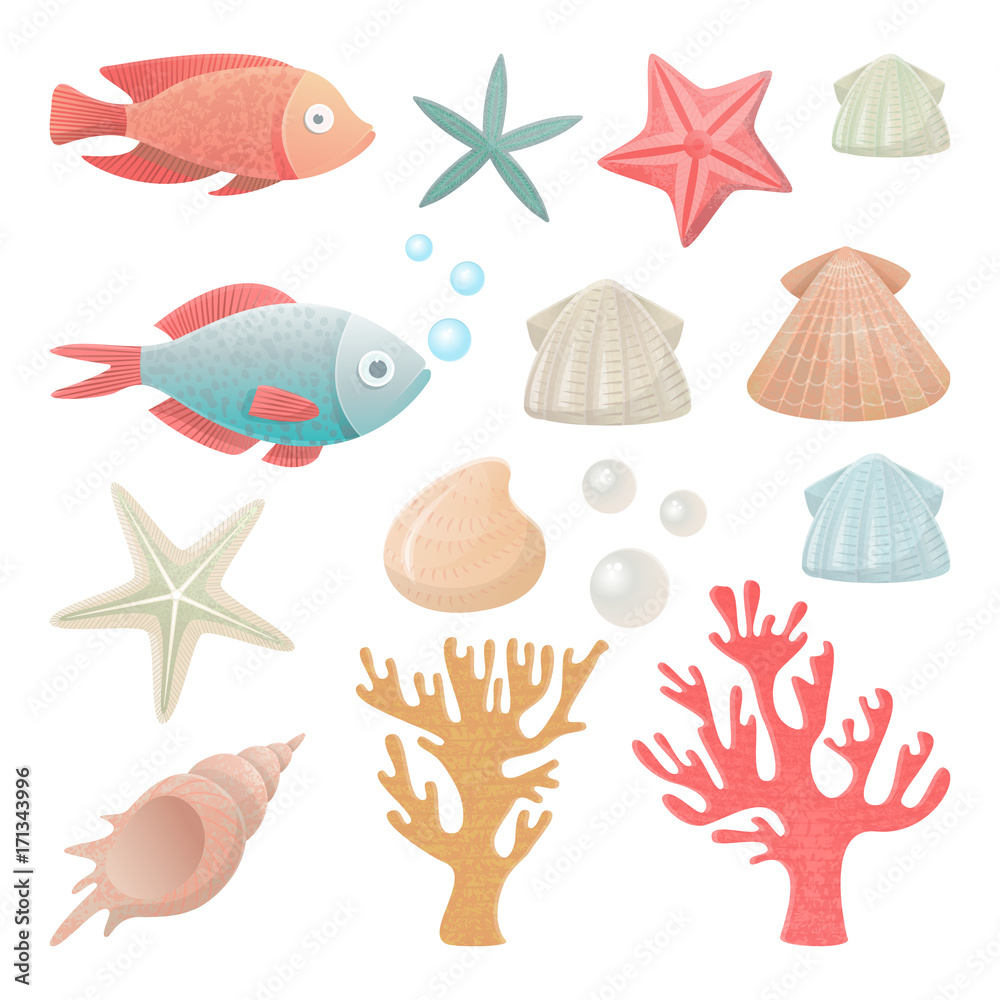 Vector illustrations set of sea inhabitants. Highly detailed, cartoon style.  All objects are conveniently grouped 
