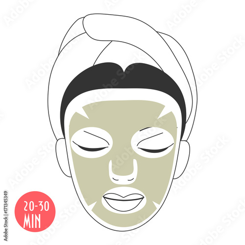 Vector illustration for cosmetic face care in line art style: woman face with Gold Collagen sheet mask on. Gold facial Collagen mask could be lifting, firming, anti aging or anti-toxin.