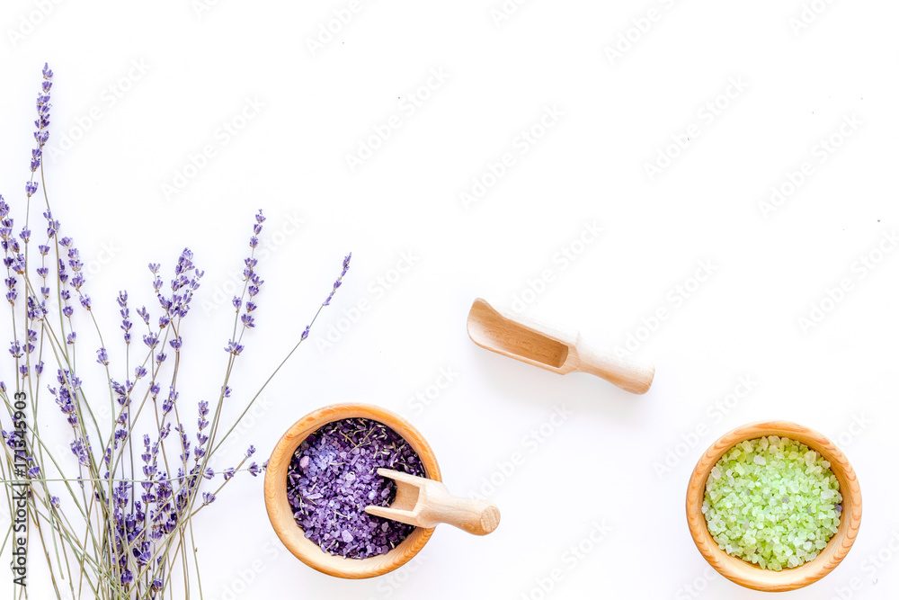 home spa with lavender herbs cosmetic salt for bath on white desk background top view mock-up home spa with lavender herbs cosmetic salt for bath on white desk background top view mock-up