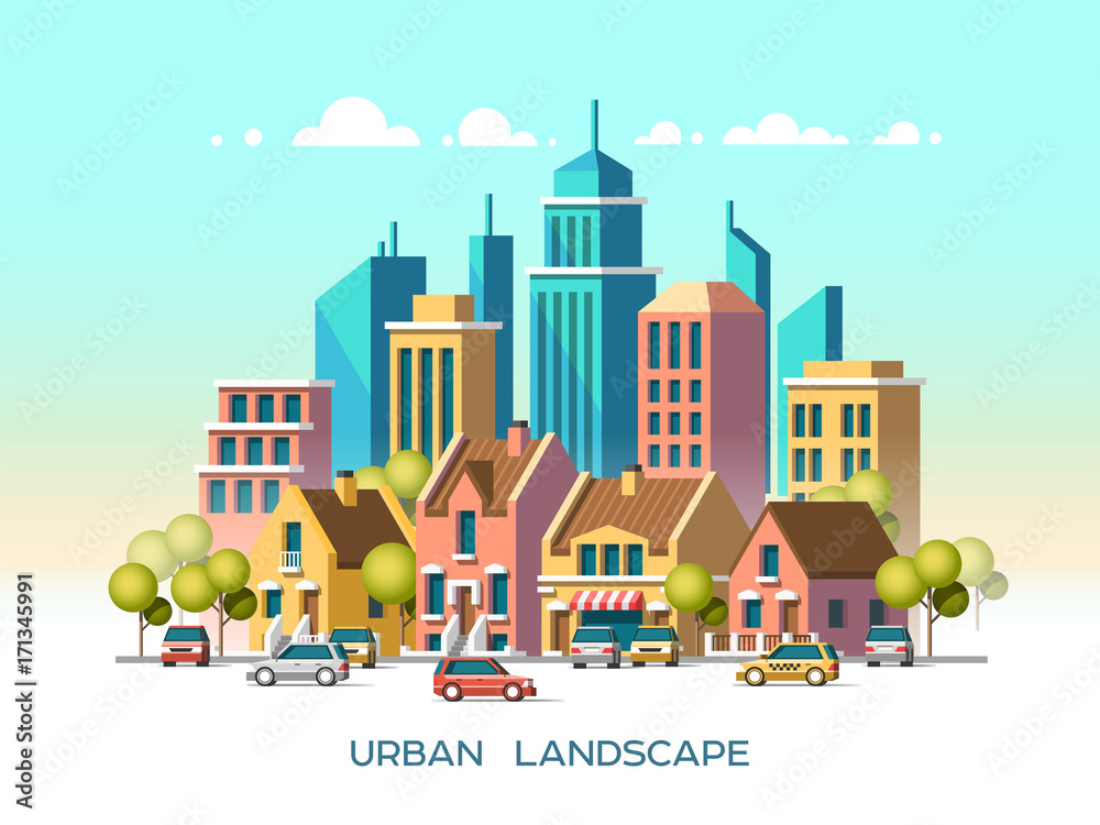 Modern city view. Traditional architecture landscape. Flat vector illustration. 3d style.