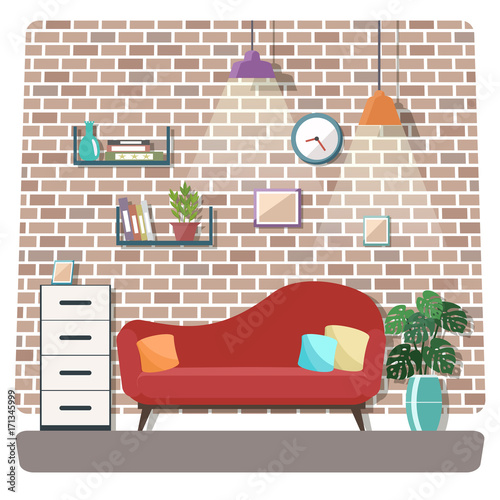 Living room interior with furniture. Flat design.
