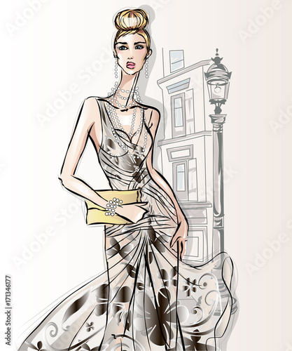 Young beautiful sexy woman in fashion sketch style. Street style girl with clutch at city background vector