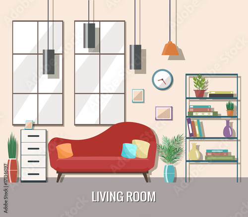 Living room interior with furniture. Flat design.