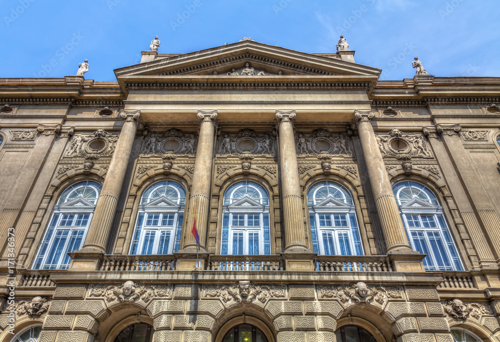 Facade of the Faculty of Electrical Engineering, richly decorated with reliefs. HDR image