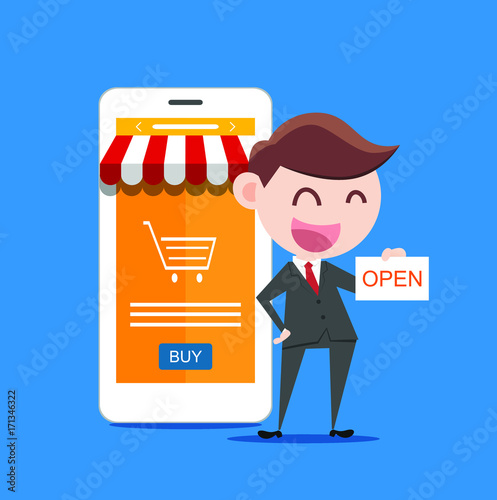 businessman holding a open sign. online shop concept illustration