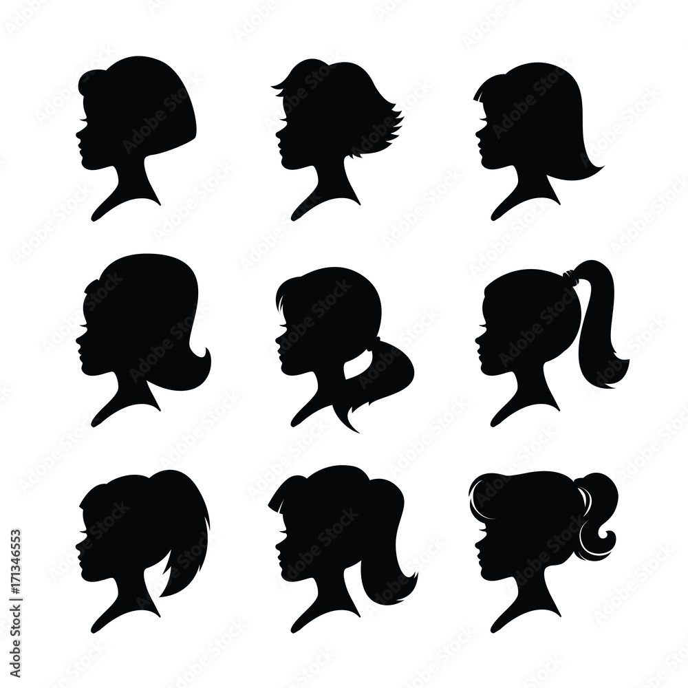 A set of girls silhouettes with long hairs and ponytails.