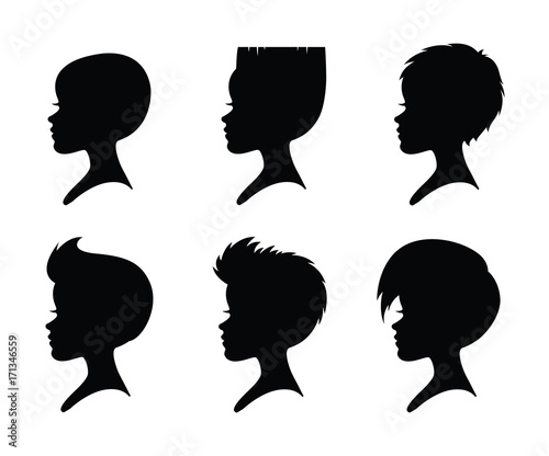 A set of girls silhouettes with short haircuts.