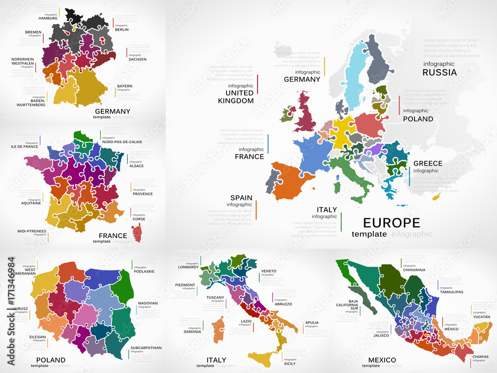 Poland To Italy Map Maps Infographic Collection Pack With Europe, Germany, France, Poland, Italy  And Mexico Puzzle Illustrations Stock Vector | Adobe Stock