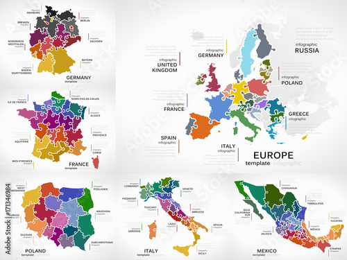 Maps infographic collection pack with Europe, Germany, France, Poland, Italy and Mexico puzzle illustrations