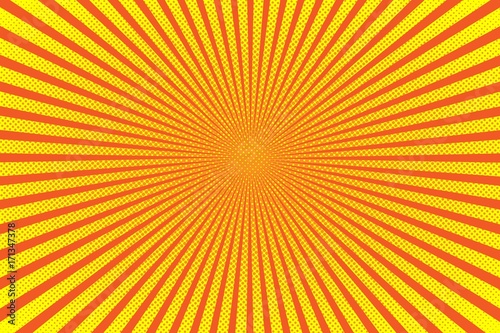 Bright sun rays background with yellow dots. Abstract comic background with halftone dots design. Vector illustration.