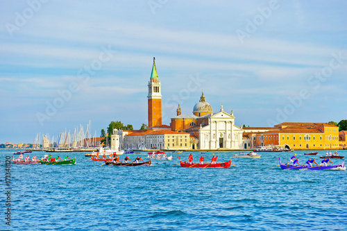 View of the historical Gondolas rowing on the Grand Canal in Venice