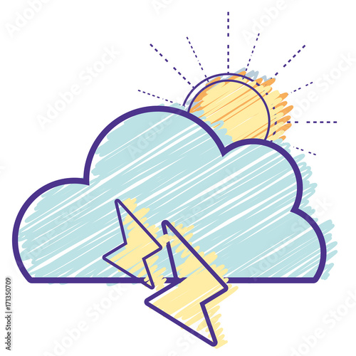 cute cloud with sun and thunder weather vector illustration