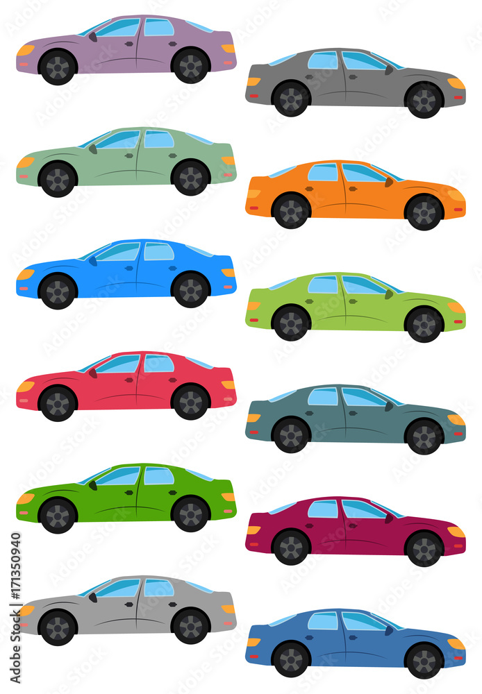 Set of multicolored car. Isolated vector illustration.
