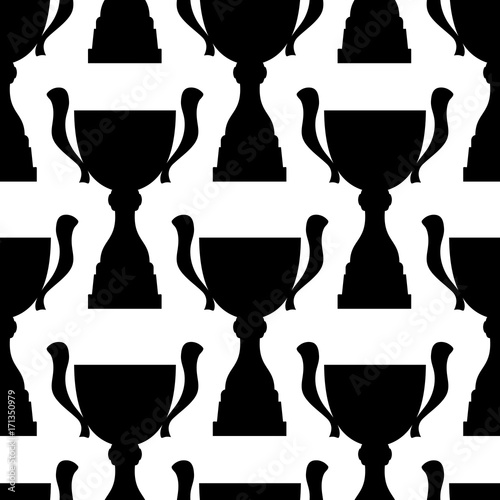 Winner trophy cup seamless pattern. Black simple silhouette texture. Championship prize for first place. Vector illustration.
