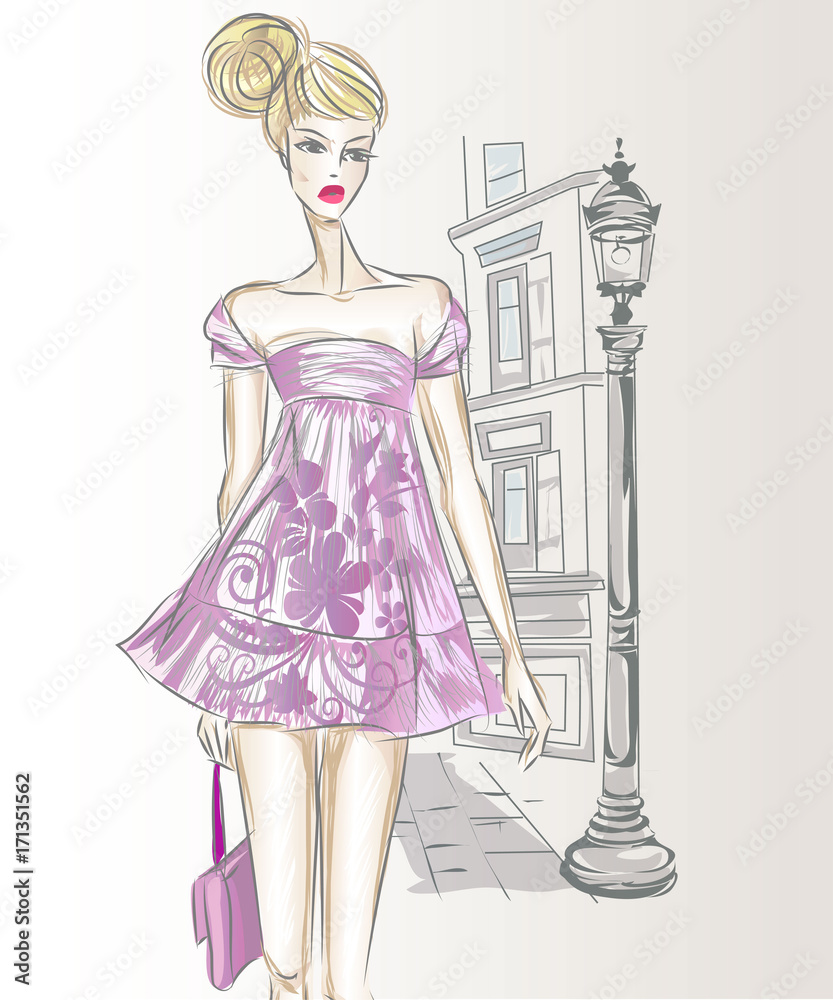 Young beautiful sexy woman in fashion sketch style. Street style girl  wearing doll dress at city background vector Stock Vector | Adobe Stock