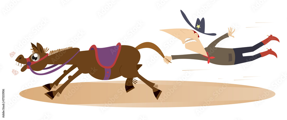 Cartoon rodeo illustration. Man or cowboy catches a running horse by horsetail
Cartoon rodeo illustration. Man or cowboy catches a running horse by horsetail