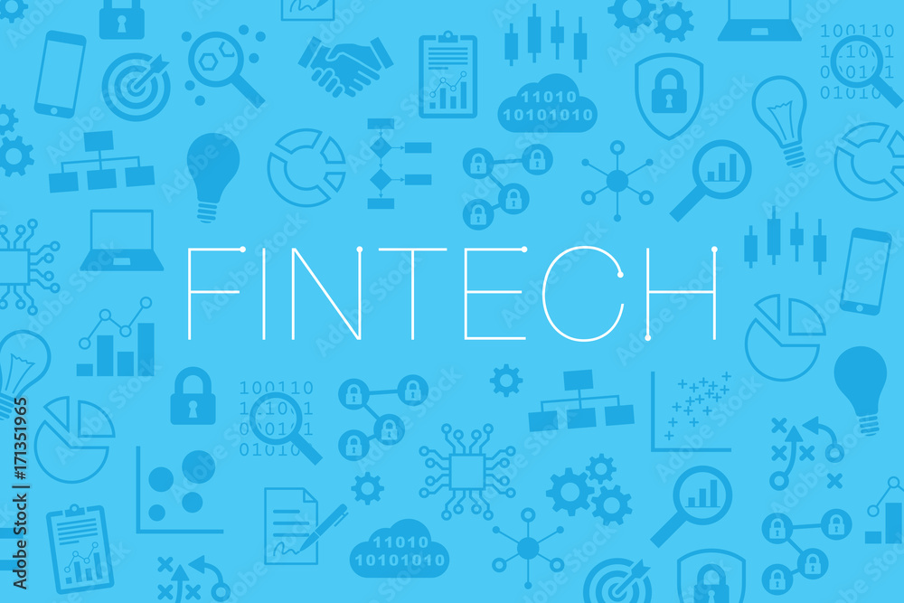 Fintech (financial technology) vector website banner, background icons business, blockchain