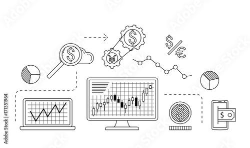 Stock market trade concept. Financial forex trading theme. Moneymaking investing business. Vector illustration.