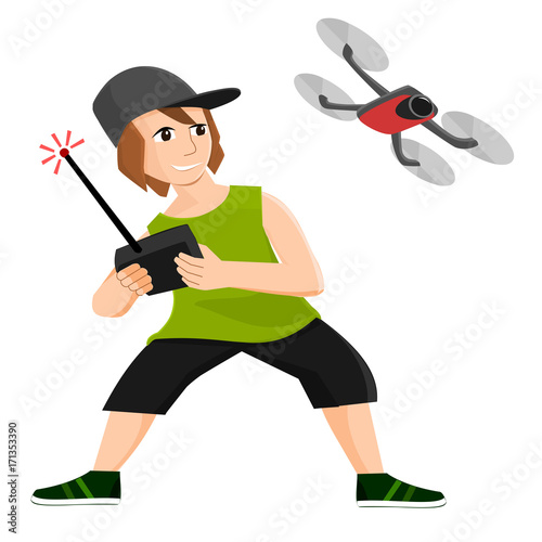Boy plays with radio controlled drone