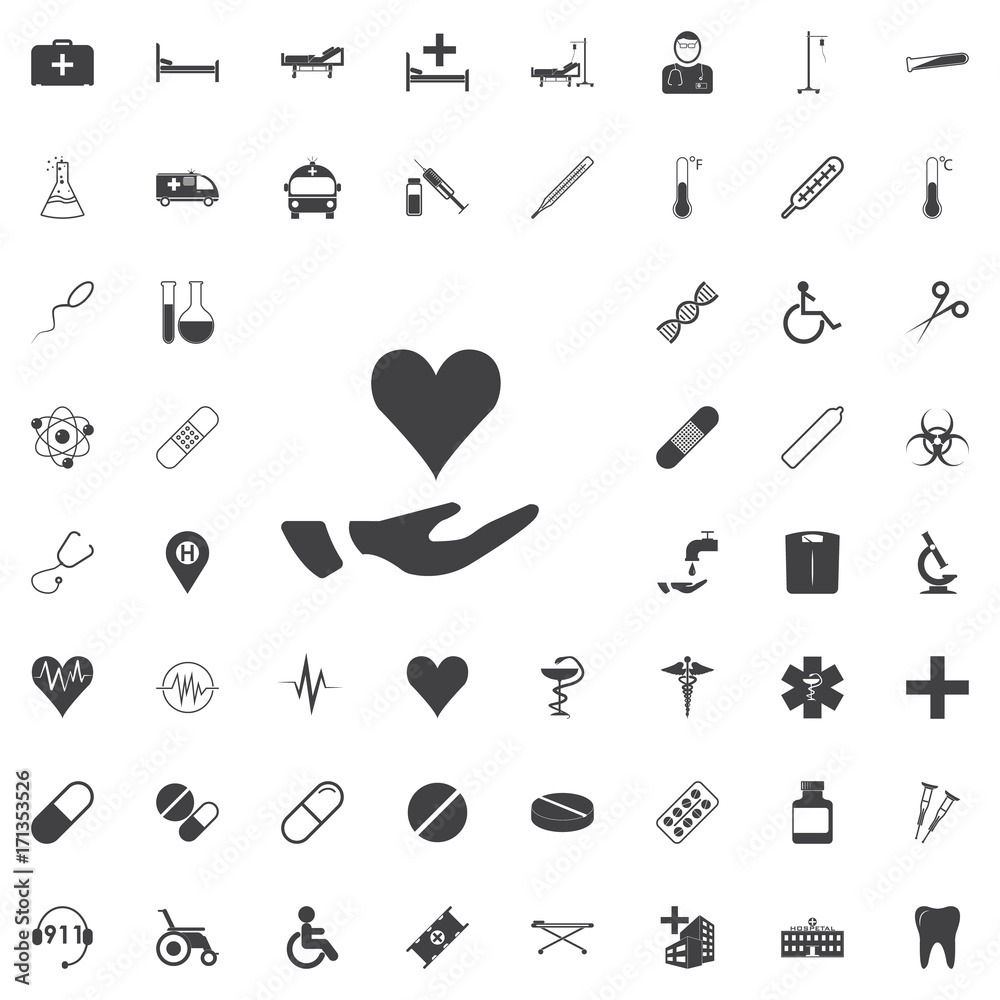 Heart in hand black icon on the white background medicine, medical set Flat vector illustration. Heart in hand black icon on the white background medicine, medical set Flat vector illustration.