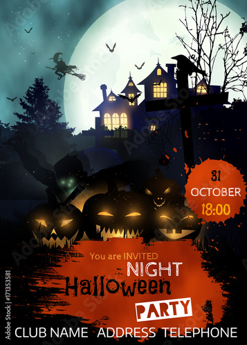Halloween party flyer with pumpkins,tombstone, rising zombie in  front of scary house in dark black forest.