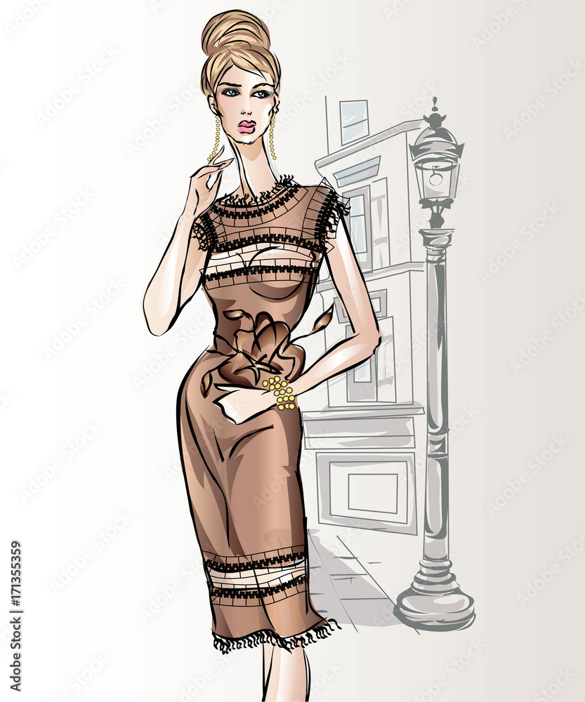 Young beautiful sexy woman in fashion sketch style. Elegant style girl  wearing cocktail dress at city background vector Stock Vector | Adobe Stock